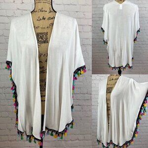 Crinkly White Open Front Colorful Tassel Trim Coverup Kimono